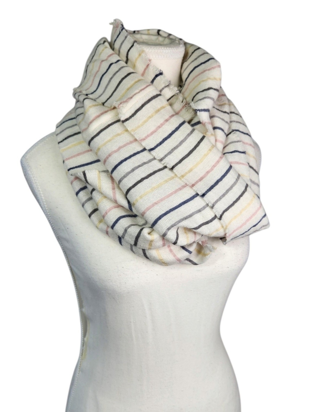 J.Jill Infinity Scarf Wrap Striped Modal Rayon Wool Ivory Navy Pink Lightweight